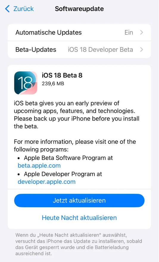 临桂苹果手机维修分享苹果 iOS / iPadOS 18 开发者预览版 Beta 8 发布 